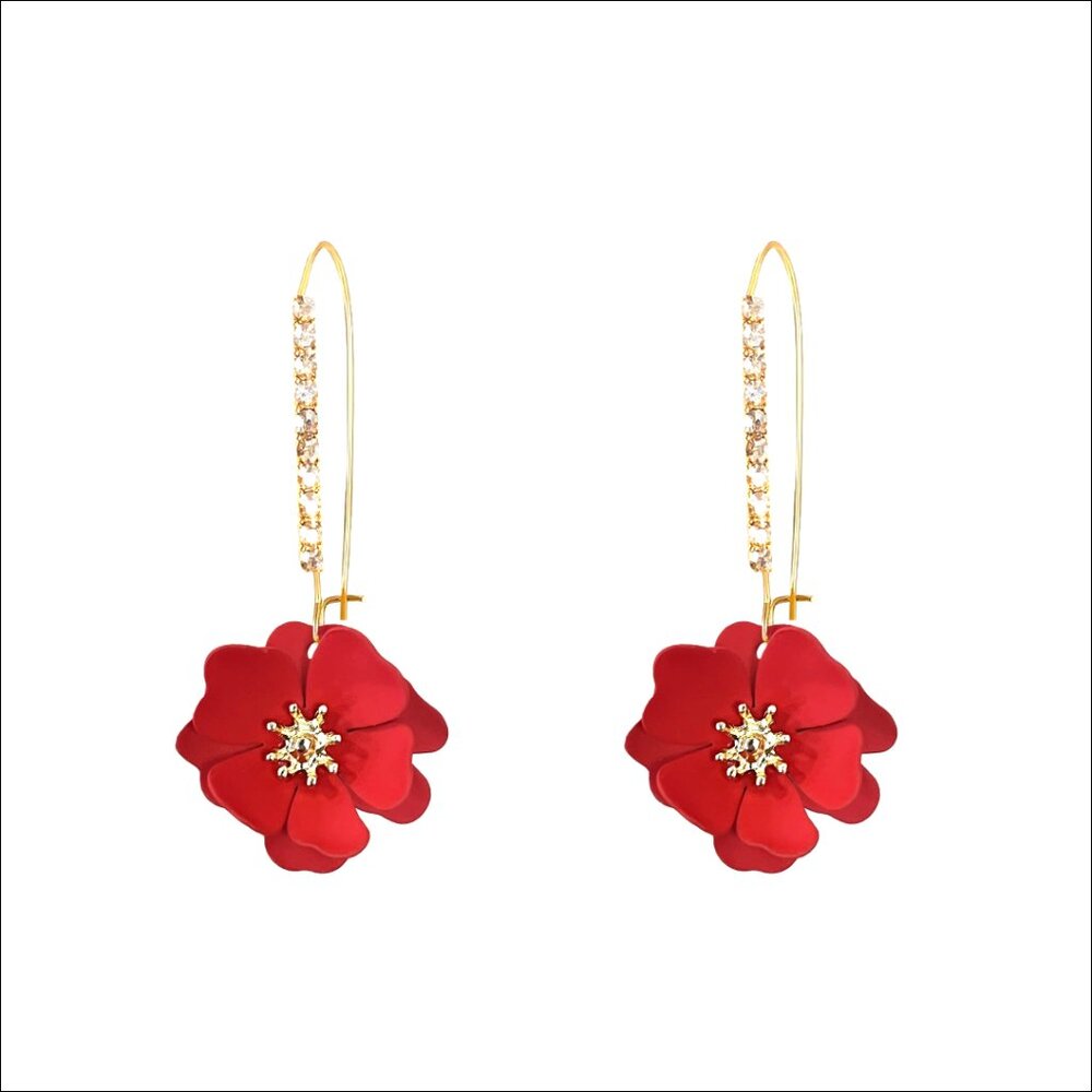 Metal Rhinestone Crystal Floral Dangle Drop Earrings for Women